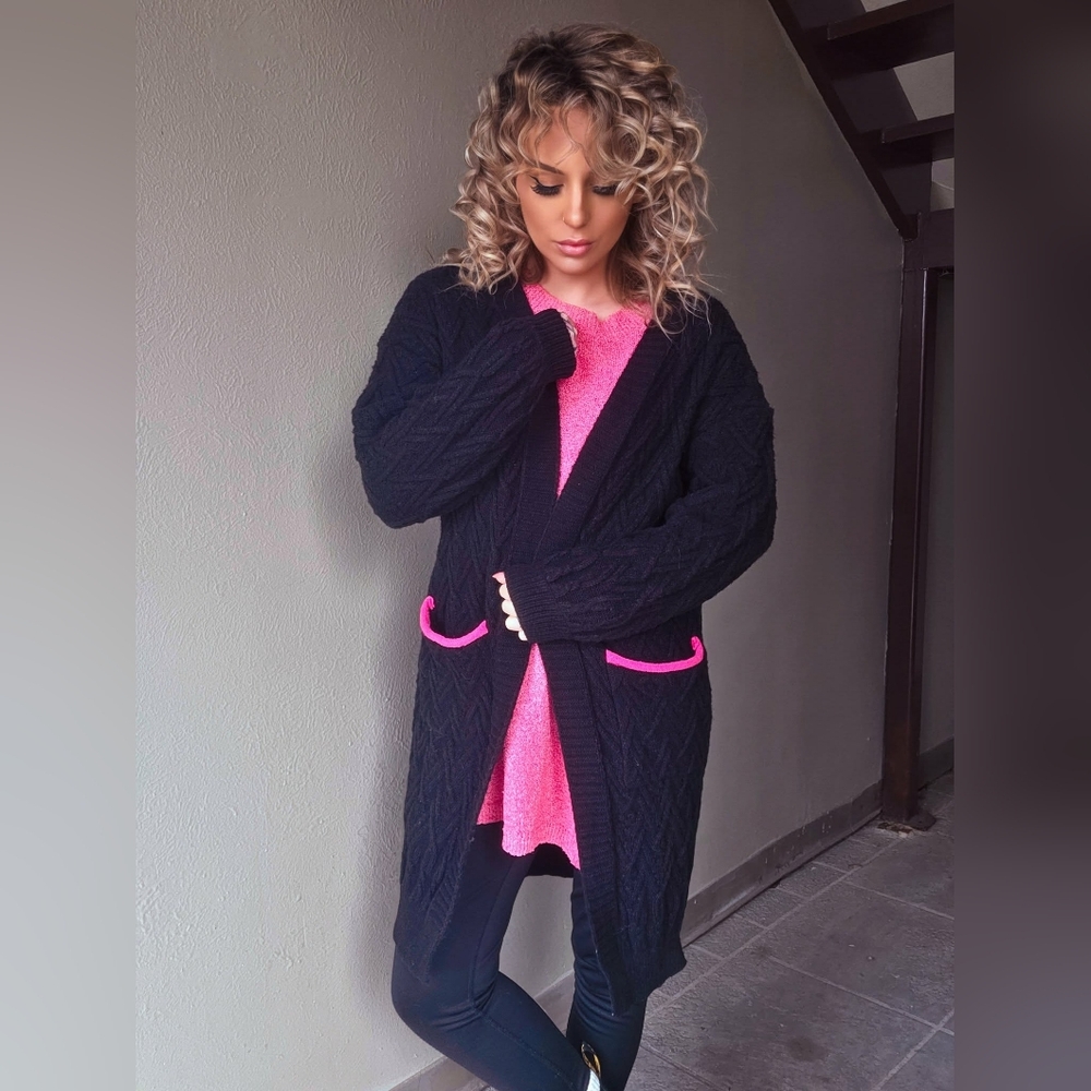 Oversized Black Cardigan With Hot Pink Details